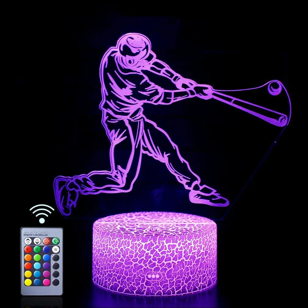 Baseball Man-2 3D Silhouette Shape 3D Lamp, Battery-Powered USB Mobile Light with Remote-Touch Control, Adjustable Color & Brightness, Indoor Decor Gift for Girls, Indoor Use