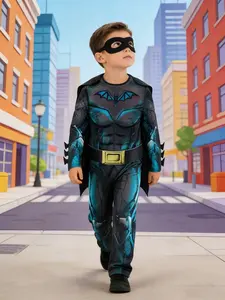 Boys' Luxury Chest Muscle Colorblock Print Jumpsuit + Cape + Non-Woven Mask Set, Halloween Party Performance Costume