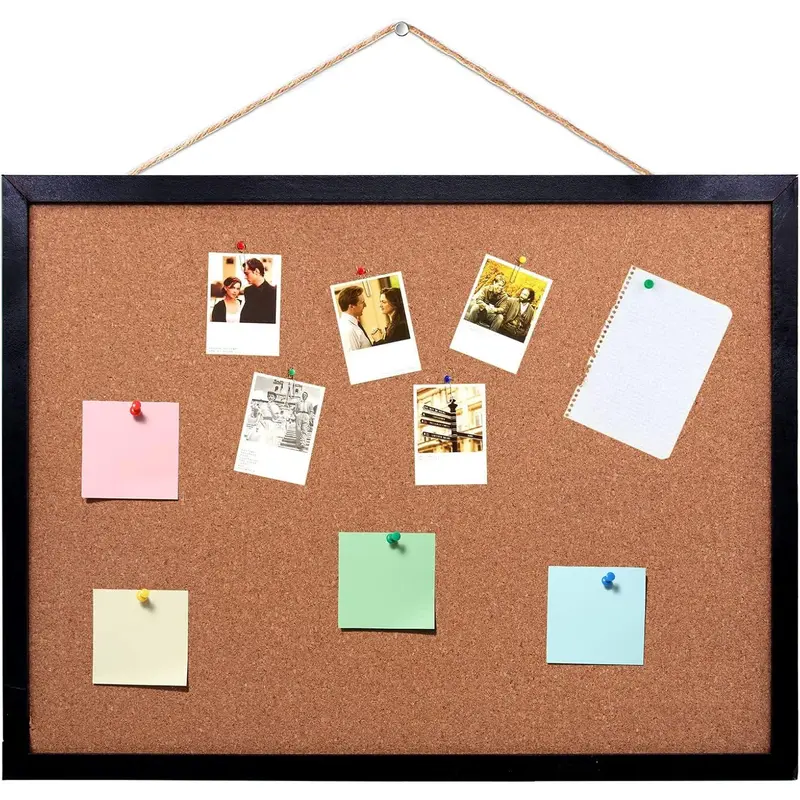 Black Cork Board Bulletin Board, 14.6"X 11" Cork Board, Oak Wood Finish Frame, Wall Mounted Cork Board for Office Home and School(Pins, Eye Bolts, gaskets, Screws)