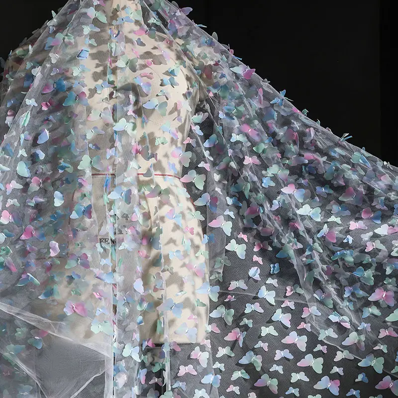 Iridescent 3D Butterfly Tulle Fabric, Pastel Multicolor Butterfly Appliques Sheer Mesh Cloth for Wedding Dresses, Bridal Veils, DIY Costume Decorations