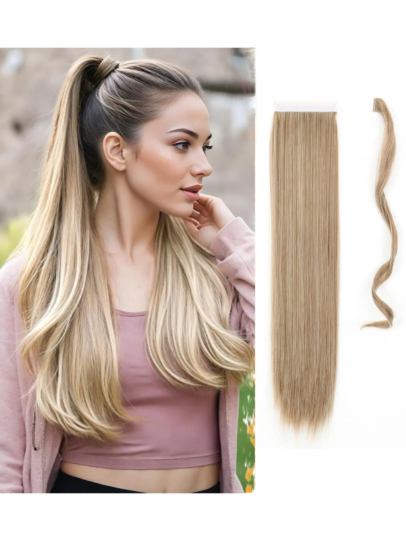 1PC Long Straight Ponytail Wig with Light Gold Highlights, 22/34 Inches, Voluminous Invisible Synthetic Fiber Hairpiece, Straight Synthetic Hairpieces, Daily Use