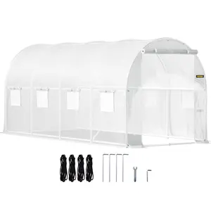 VEVOR 15 x 6.5 x 7 ft Walk-in Tunnel Greenhouse, Portable Plant Hot House with Galvanized Steel Hoops, 1 Top Beam, Diagonal Poles, Zippered Door & 8 Roll-up Windows, White