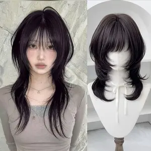 Synthetic Women Wig Hairpiece 18inch High-layered Mullet Haircut Wolf Cut Black Wig with Hair Bangs for Women Daily Party Use