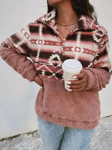 Women's Colorblock Geometric Print Drop Shoulder Zip Up Fuzzy Sweatshirt, Boho Long Sleeve Collared Polar Fleece Pullover for Fall & Winter, Ladies Clothes for Daily Wear, Thick Womenswear