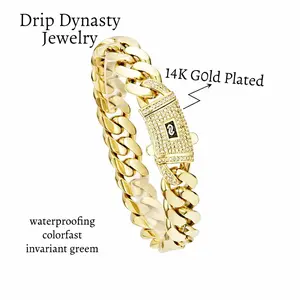 14k Gold Plated Thick Stainless Steel Miami Cuban Link Bracelet with Zirconium Spring Clip, 7.5-8.5 in Hip-Hop Jewelry for Men, Hypoallergenic Sweat-Resistant Bracelets for Women
