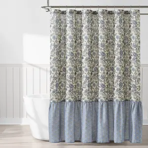 Lush Decor Lillian Block Print Linen Textured Shower Curtain Single 72" W x 72" L Blue & Sage - Vintage Floral Shower Curtains - Ruffled Bath Curtain