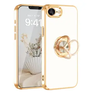 For iPhone 16e Case 2025 with 360° Ring Holder, Magnetic Car Mount, Gold Plating, Slim TPU Anti-Scratch Bumper - White Smartphone Cover