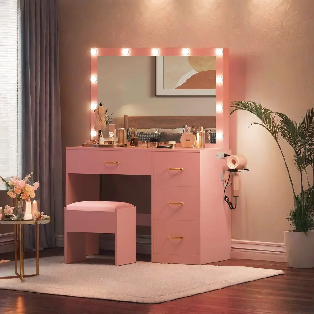 Yitahome Makeup Vanity Desk with Large Lighted Mirror with Power Outlet and LED Strip, 3 Color Lighting Modes with Adjustable Brightness, 4 Drawer Van