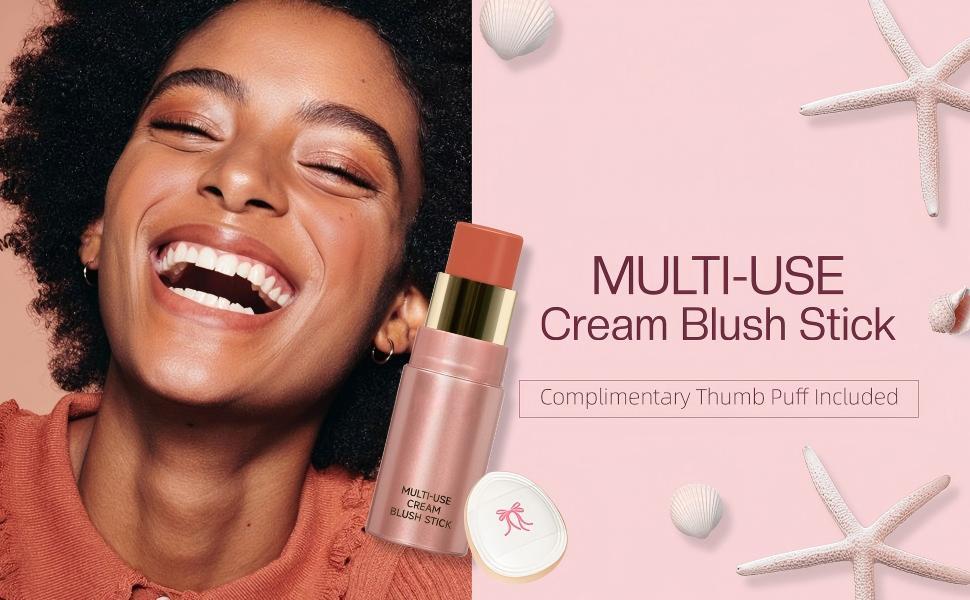 Multi-Use Waterproof Makeup Cream Blush Stick with Brush, 3-in-1 Buildable Blush Stick for Cheeks, Eyes, and Lips, All day wear, Easy Application