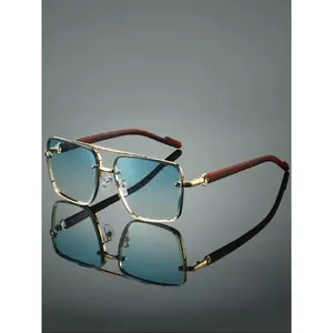 Men's New Full Frame Square Glasses, Retro Dual Bridge Design, Imitation Wood Texture Temples, Metal Frame, Classic Fashion Decorative Eyewear, Square Frames