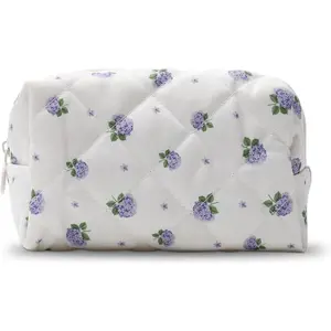 Quilted Makeup Bag, Hydrangea Cotton Cosmetic Bag, Elegant Floral Coquette Makeup Pouch for Women Girls, Coquette Aesthetic Organizer Bags Travel Toiletry Bags