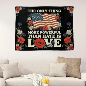 Printed Fabric Wall Tapestry: Patriotic American Flag with Flowers Love Over Hate Quote