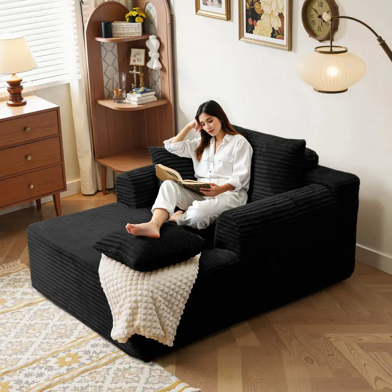 Oversized Boneless Chaise Lounge Upholstered Sofa Bed with Throw Pillows and Armrests Indoor Sleeper Chair Luxurious Plush Corduroy Chair Bed for Living Room No Assembly Required Black Color