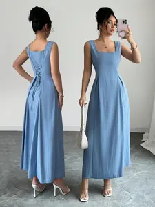 Spring Summer New Elegant Vintage Blue Waist Cinching Square Neck Sleeveless Dress, Women's Fashion Casual Day Party Wear
