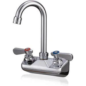 Commercial Sink Faucet Wall Mount 4" Center Hand Sink Faucet - 3-1/2" Gooseneck Spout, Dual Lever Handles for Commercial Kitchen, Laundry/Utility Room, Restaurant | Brass , Ceramic Valve