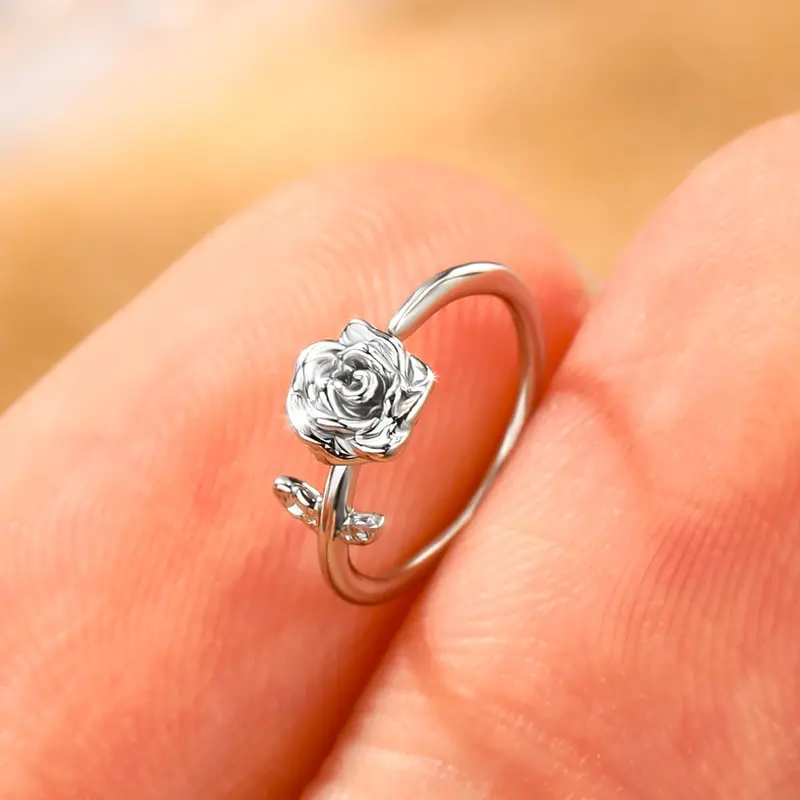 OUFER Women's 20G 316L Stainless Steel Seamless Nose Ring - 8mm Inner Diameter Chic Body Jewelry with 3D Subtle Rose Detail, Comfy All Day Female Daily Wear Piercing Accessory