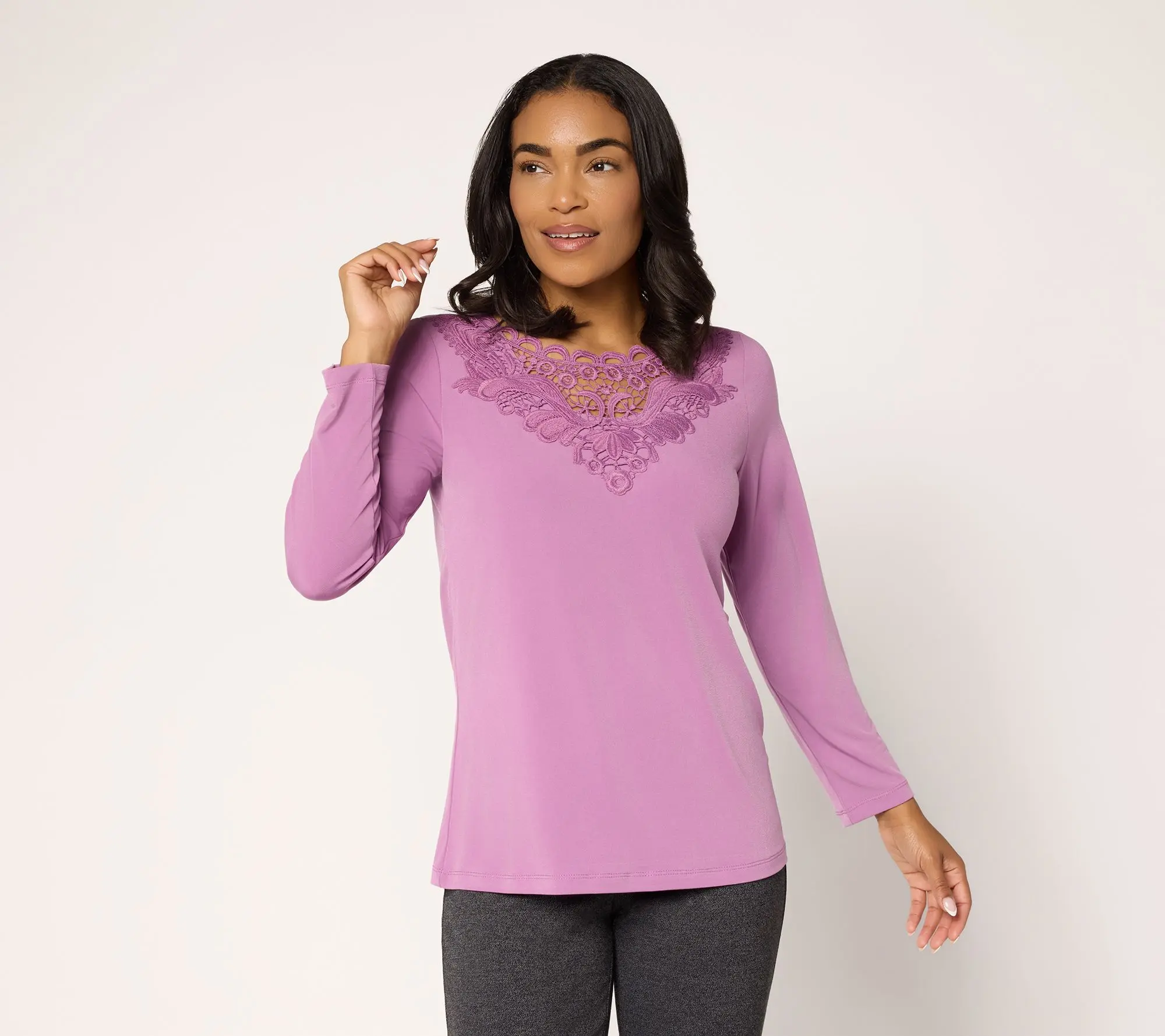 Susan Graver Liquid Knit Bracelet Sleeve Top w/ Crochet Lace Detail
