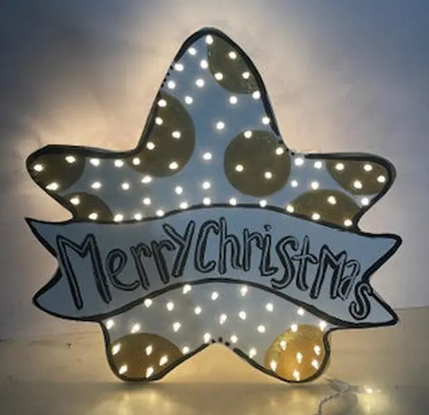 White & Gold Merry Christmas Star Tree Topper | Hand-Painted Lighted Decor