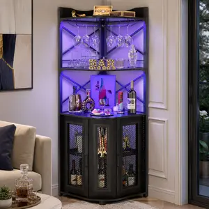 Homieasy Corner Bar Cabinet with Power Outlet, Industrial Wine Cabinet with LED Strip and Glass Holder, 5-Tiers Liquor Cabinets Bar Unit for Home, Corner Display Cabinets for Small Space