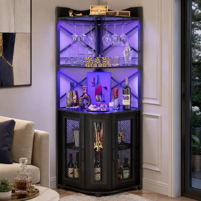 Homieasy LED Corner Bar Cabinet with Power Outlet, Industrial Wine Cabinet with LED Strip and Glass Holder, 5-Tiers Liquor Cabinets Bar Unit for Home, Corner Display Cabinets for Small Space