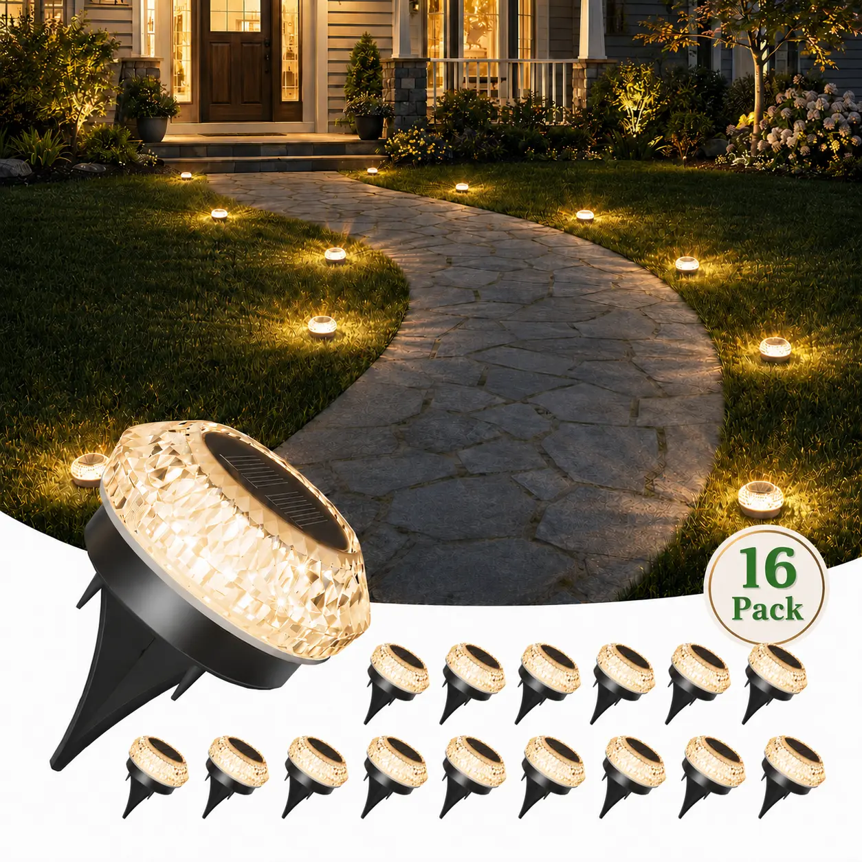 DERAYSION Solar Ground Pathway Lights, IP67 Waterproof Outdoor In-Ground Landscape Lights, Diamond Acrylic LED Walkway Driveway Step Lights, Auto On/Off Solar Powered Lawn Lighting, Warm White & Cool White Optional, 2/6/8/12/16 Pack