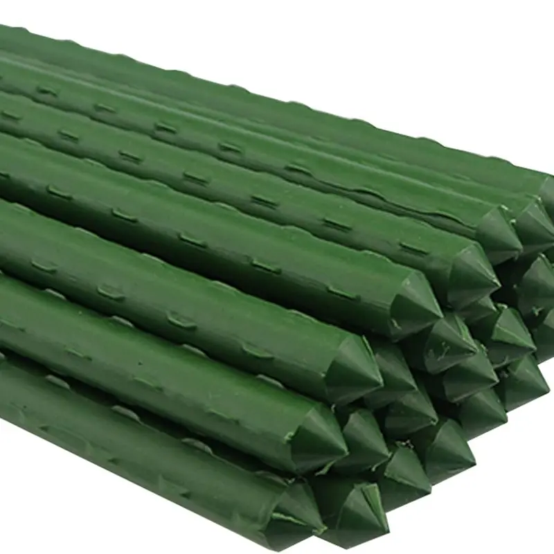48 in (4 ft) Steel Garden Stake Support - Green Plastic-Coated Metal, Non-Slip Bump Design, Sharp Points, Steady Stem Grip, Prevents Leaning, For Potted Plants & Climbing Vegetable Plants, Use Installation Tool on Hard Ground, Enhances Growth