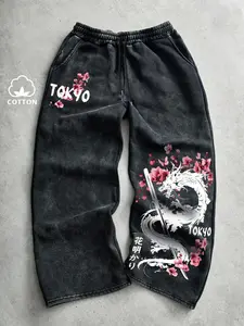 Men's Casual Floral Print Sweatpants, Tokyo Cherry Blossom & Dragon Pattern, Drawstring Wide Leg Pants, All-Season Comfortable Long Pants
