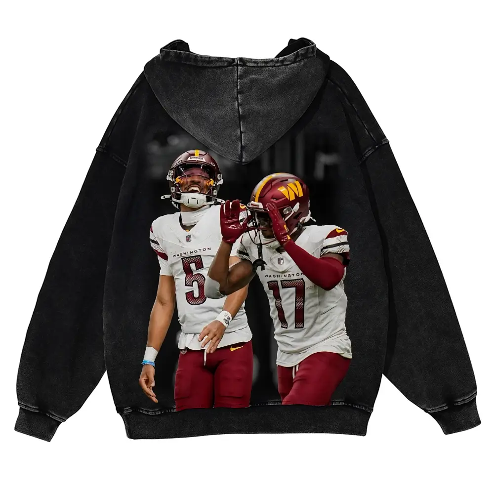 Jayden Daniels #5 and Terry McLaurin #17 Commanders Casual Washed Hoodie | Commander Connection Gear, Burgundy Gold Identity, Oversized Washed Dual-Threat Collector