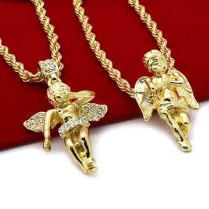 Baby Angels Cubic Zirconia Religious Pendant & 4mm 20" 24" Rope Chain Hip Hop Style 2 Nekclace Set
