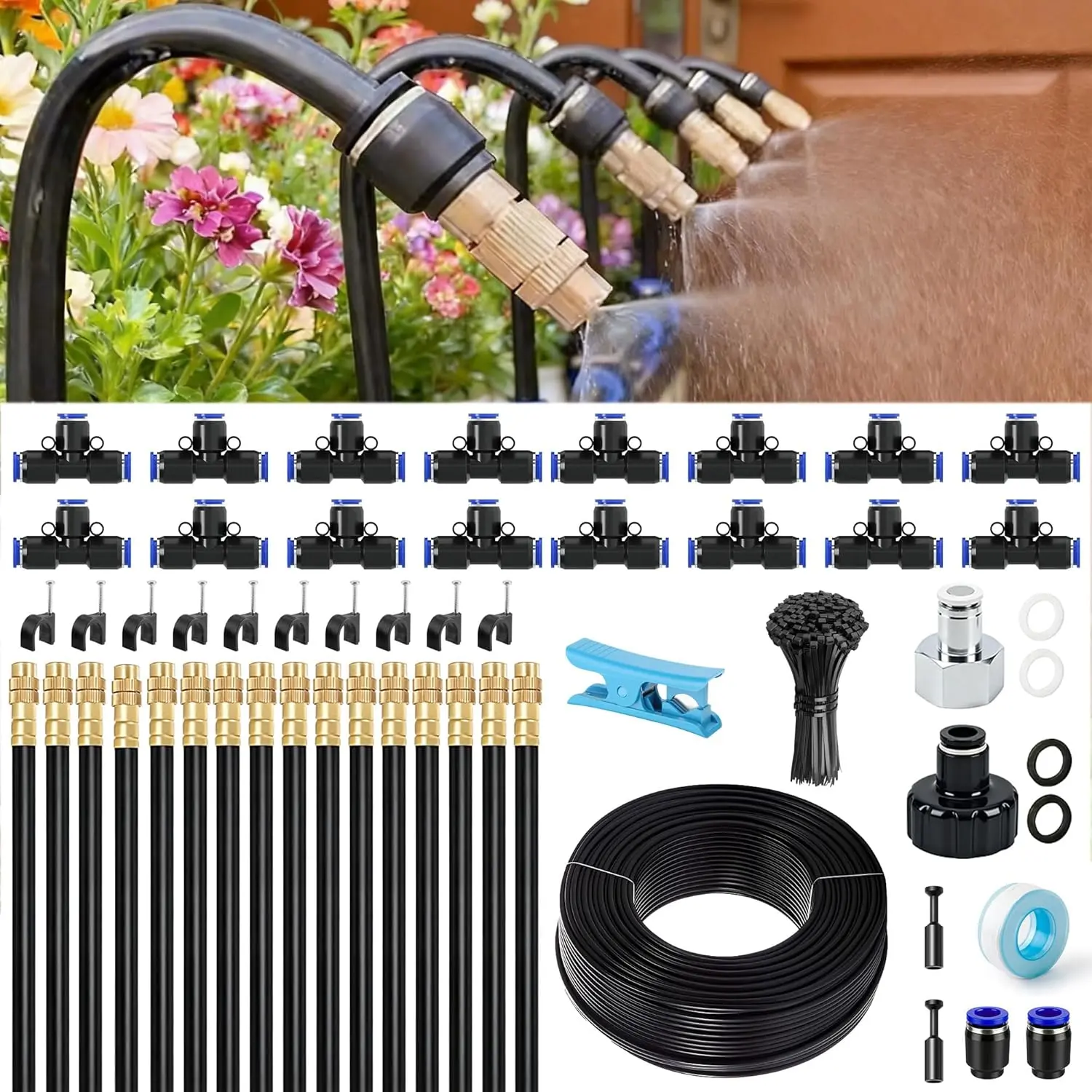 Lawn & Garden Watering Equipment,360° Adjustable Drip Irrigation System,50 ft Garden Plant Watering System with 15 Nozzles, 5/16 inches Hose Greenhouse Accessories for Yard, Lawn, Plants