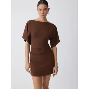 Cider Boat Neck Short Sleeve Ruched A-line Mini Dress Dealsforyou