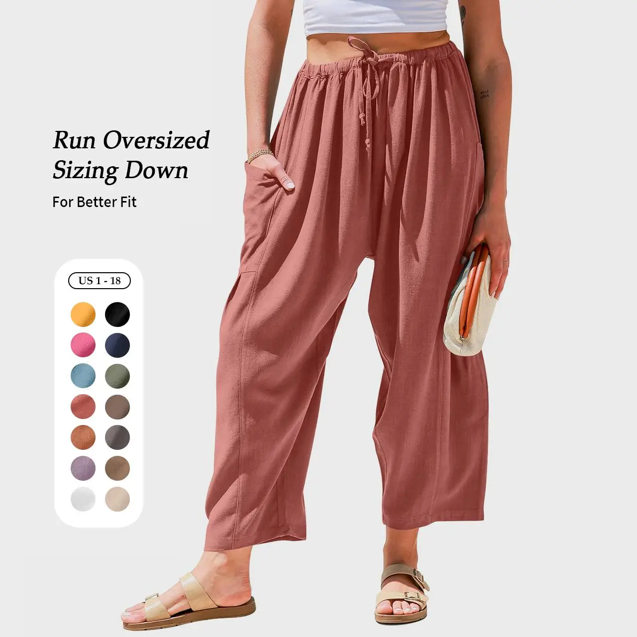 TARSE Womens Linen Wide Leg Pants Casual Loose Fit Beach Palazzo Harem Pants with Pockets Fall Outfits