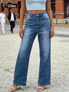 Women's Blue Rhinestone Design Mid-Waist Narrow Leg Denim Jeans, Trouser, Elastic Fabric, All Seasons, Casual Fitted Pants for Dating Outdoors