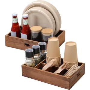 Utensil Holder for Party,Paper Plate Holders,Wood Silverware Organizer for Kitchen Countertop,Silverware Caddy,Essentials for Parties,Cutlery Flatware Organizer for Spoons Forks Napkins Cup,Set of 2