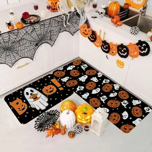 2/3pcs Terrifying Halloween Ghost, Skull, Pumpkin Head Pattern Kitchen Carpet Floor Mat, Happy Halloween Kitchen Non slip Floor Mat, Suitable for Kitchen, Entrance Door, Laundry Room, Bathroom, Living Room, Room Halloween Decoration Floor Mat