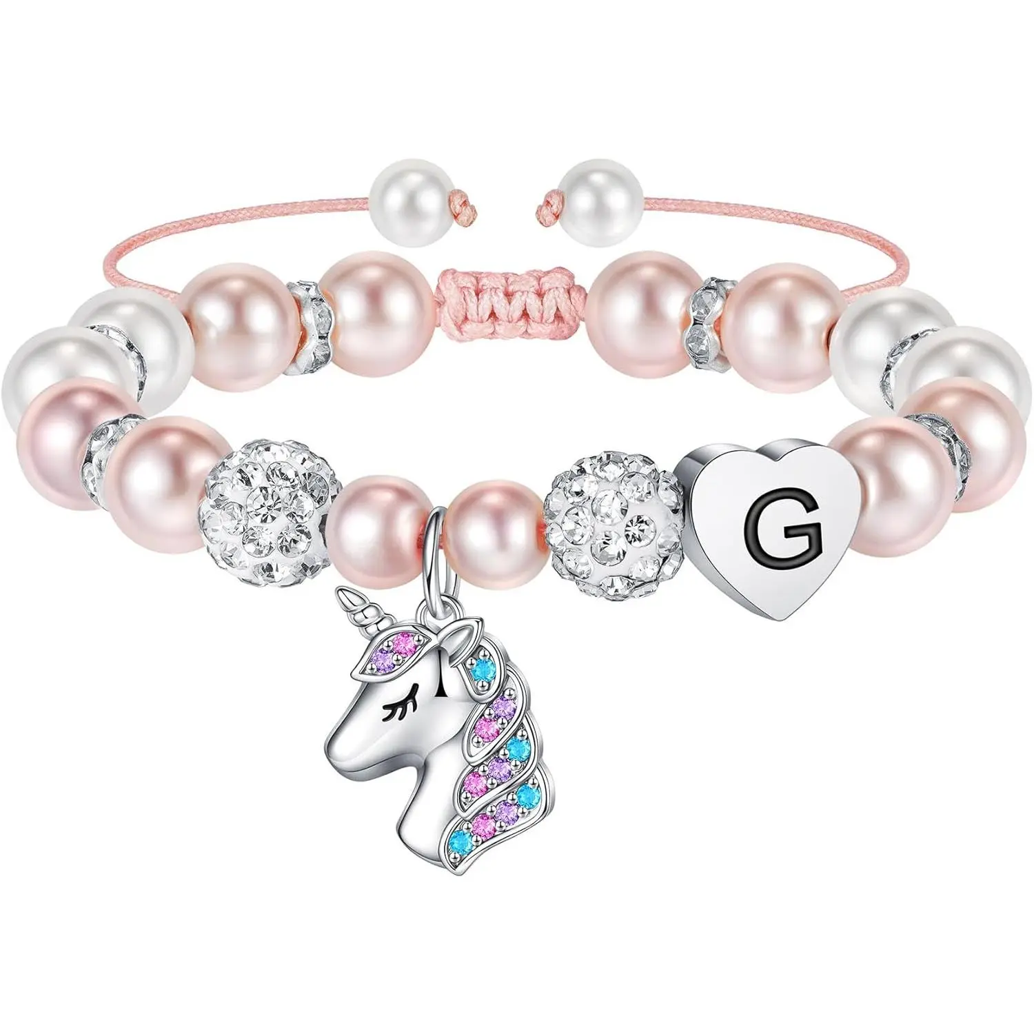Unicorn Bracelet for Girls - Adjustable, Rhinestone Accents, Heart Initial CZ Balls Costume Jewelry Birthday Gift