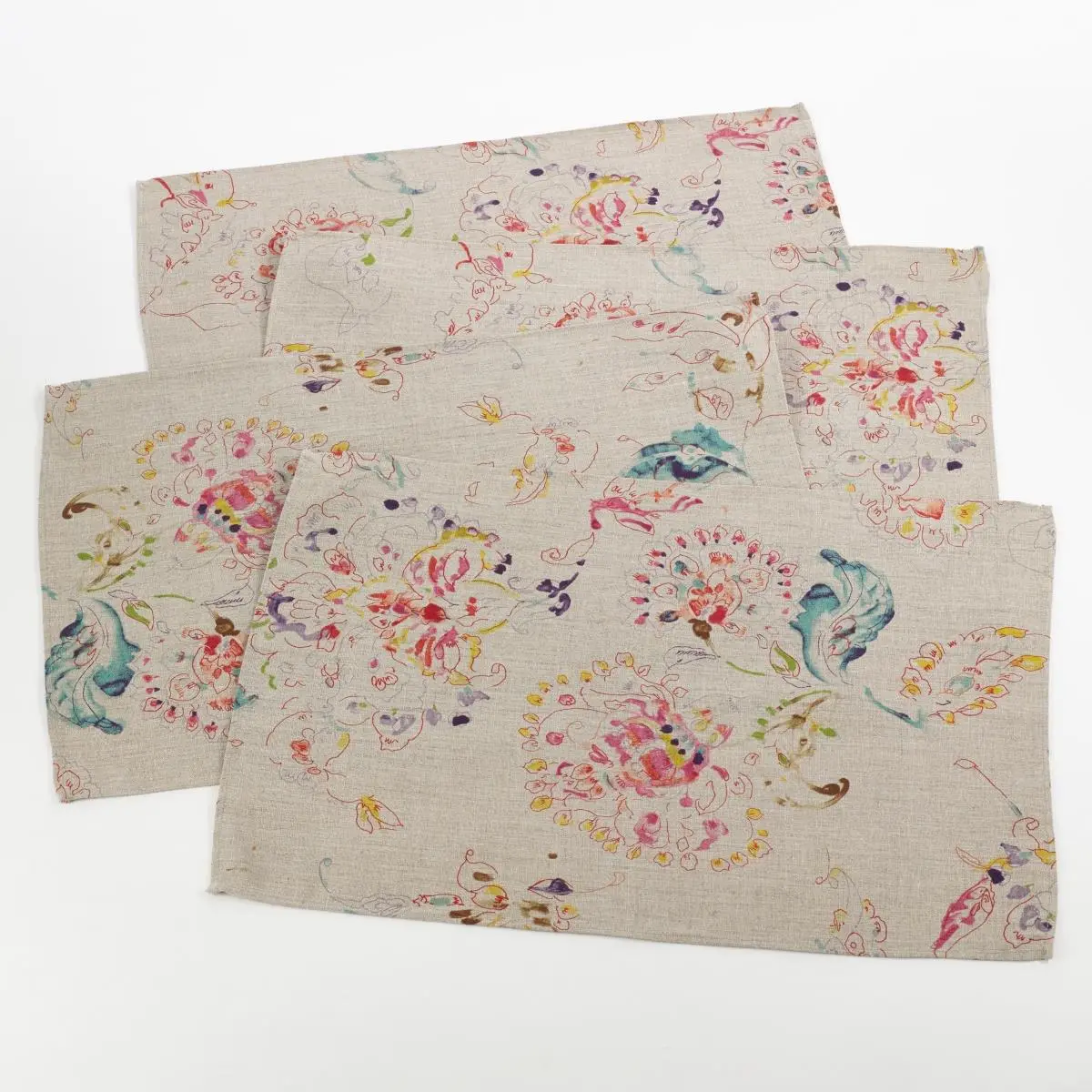 SARO 13010.N1420B Primavera Set 4-Piece Linen Weave Placemats - Rectangular Size 14x20 in, Refined Texture Natural Primavera Swirled Spectrum Floral, Hand Wash, Indoor & Garden Parties Use
