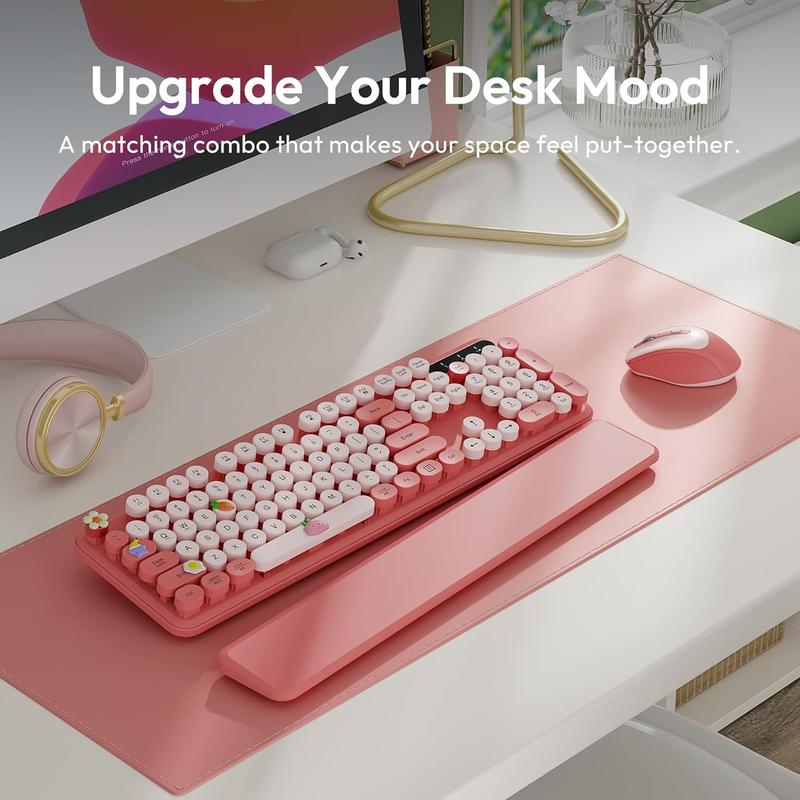 Wireless Keyboard and Mouse Combo, Typewriter Keyboard with Detachable Wrist Rest, Full-Size Retro round Keycaps, Smart-Sleep, 2.4Ghz Stable Connection for Mac/Windows/Pc, Trueque(Blush Pink)