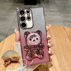 Cute Bear Design Phone Case with Holder, Glitter Phone Protective Cover, Decoration, Protection, Phone Accessory Compatible with Samsung Galaxy S24 Ultra S23 S22 Ultra, Protector, Smartphone, Cellphone