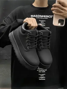 Men's Wide Head Worker Work Boots Style, Comfortable Thick Sole Ankle Boot, Versatile Plain Design, Secure Lace-Up Closure, Footwear, Work Safety Footwear