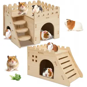 Hamster House and Hideout, Easy-to-Assemble Wooden Hamster Castle Small Animal House Bed with Stairs, Suitable for Guinea Pigs and Golden Hamsters