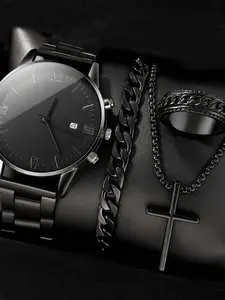 4 pieces/set of men's black simple quartz watches with strap, necklace and ring - an exquisite watch set suitable for both casual and formal occasions