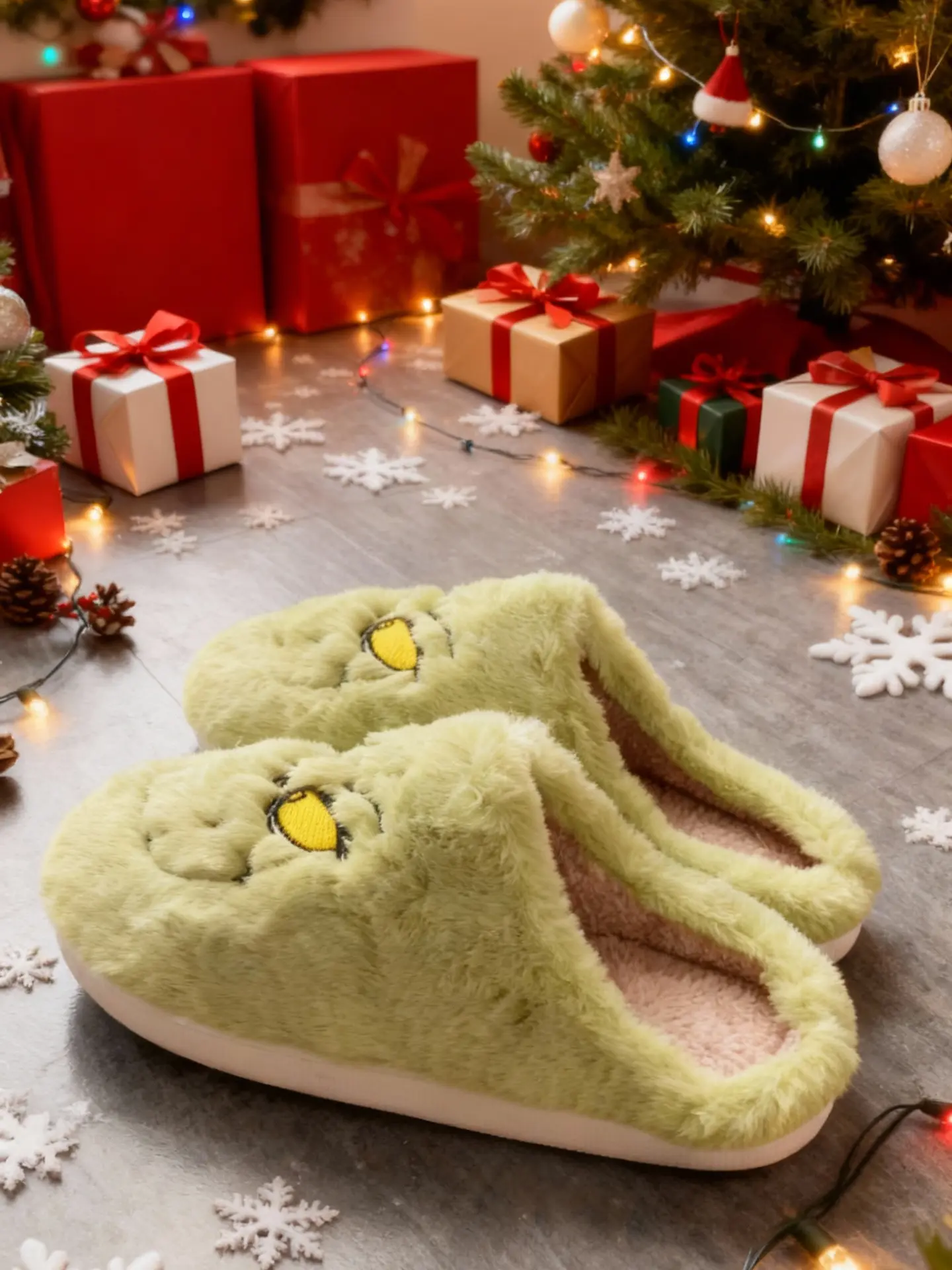 Women's Plush Cotton Slippers - Funny Green Monster Design, Fluffy Soft, Non-Slip Warm Footwear for Couples