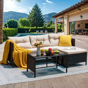 3 Piece Patio Furniture Set, Rattan Outdoor Sofa Set With Chaise Lounge & Loveseat, Soft Cushions, Tempered Glass Table, L-Shaped Sectional Couch Umbrella Kids Picnic