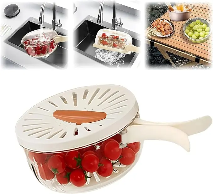 Colander Basket with Lid,Salad Bowl Strainer,Folding Handle Berry Basket,Plastic Kitchen Organizer