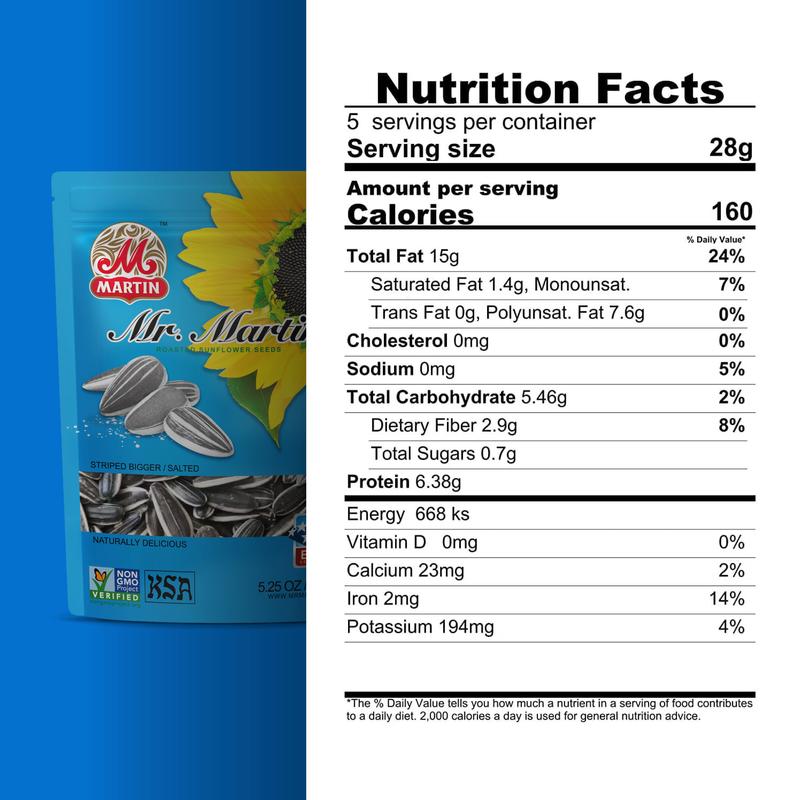 MR. MARTIN Freshly Roasted Salted Sunflower Seeds – Non-GMO, Crunchy, Delicious, Vegan, Eco Friendly, Low Sodium Snack, Pack  of 6