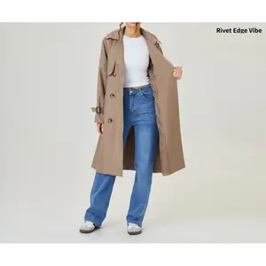 Women's Versatile Solid Color Lapel Double-Breasted Detachable Belt Trench Coat, Autumn Winter Wrap Belted Waist Jacket, Mid-Length Trench Coat