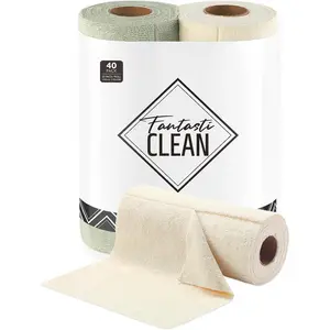 Kitchen Towels - 40 Sheets - Reusable Washable Dishcloth Rolls, Super Absorbent, Premium Microfiber Cleaning Cloths, 10'' by 10'' (Beige, MossGreen)