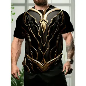 Men's 3D Digital Printed Fantasy Sci-Fi Armor T-Shirt with Golden Ornate Breastplate & Suitable for Cosplay, Themed Parties, Medieval Events - 100% Polyester Round Neck Short Sleeve Casual Summer Tee for Year-Round Wear