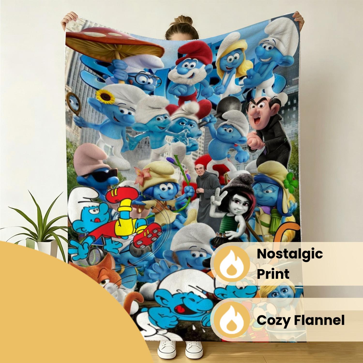 Classic The Smurfs Full Character Collage Soft Flannel Throw Blanket, Nostalgic Cartoon Print Cozy Warm Cover for Sofa Bedroom Kids Room Dorm Decor, Perfect Collectible Gift for Vintage Animation Fans Children